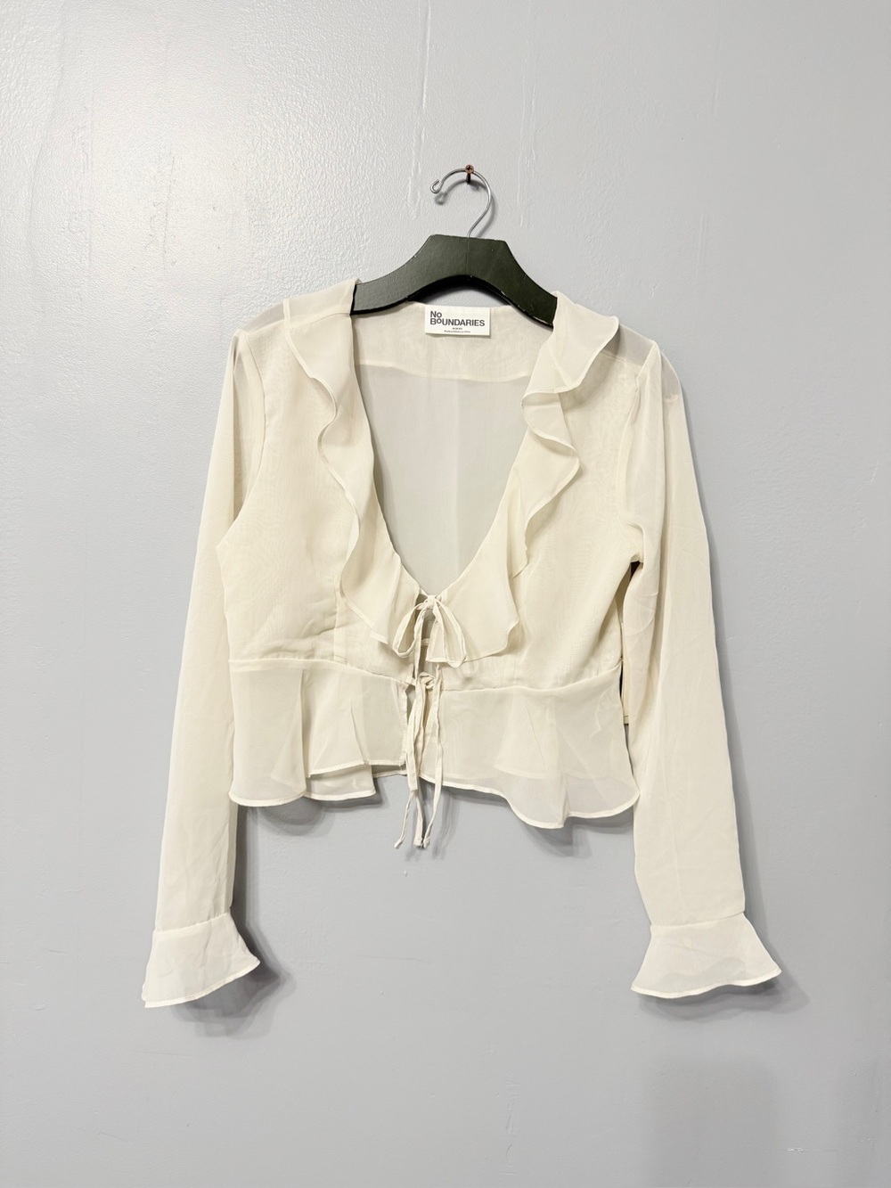 #17)  No Boundaries Cream Ruffle Tie-Front Sheer Blouse